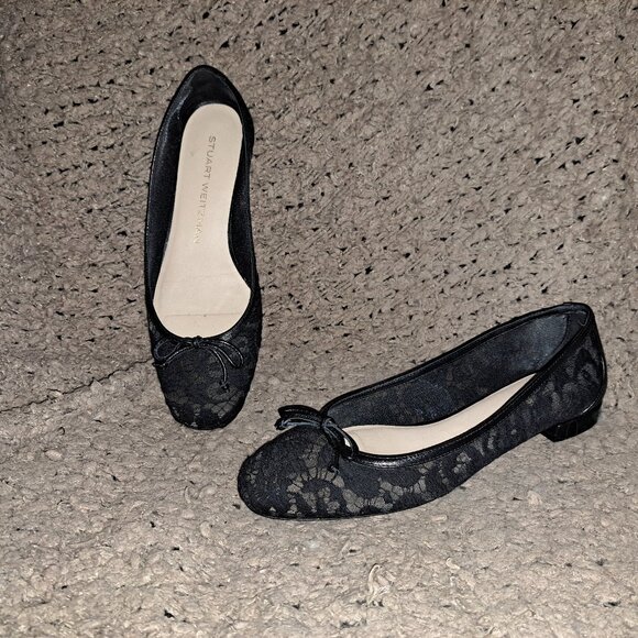 STUART WEITZMAN-Arabella Ballet Flats-Black Lace Fabric/Leather-Sz 7.5-Excellent - Picture 1 of 7